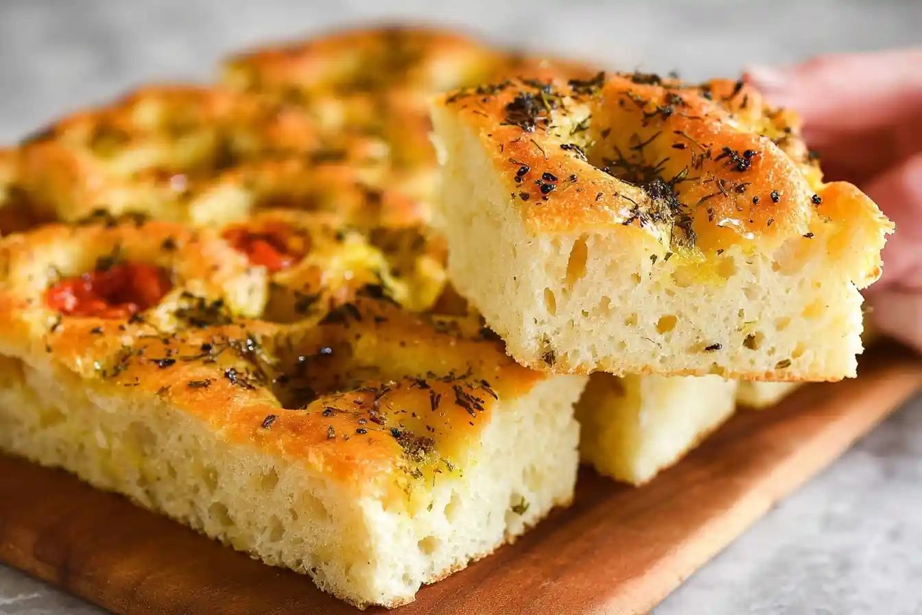 Close-up of a hand holding a slice of golden focaccia bread topped with fresh herbs and olive oil to show the airy crumb.