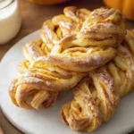 Stack of glazed Pumpkin Pie Twists on a marble plate with a pumpkin in the background.