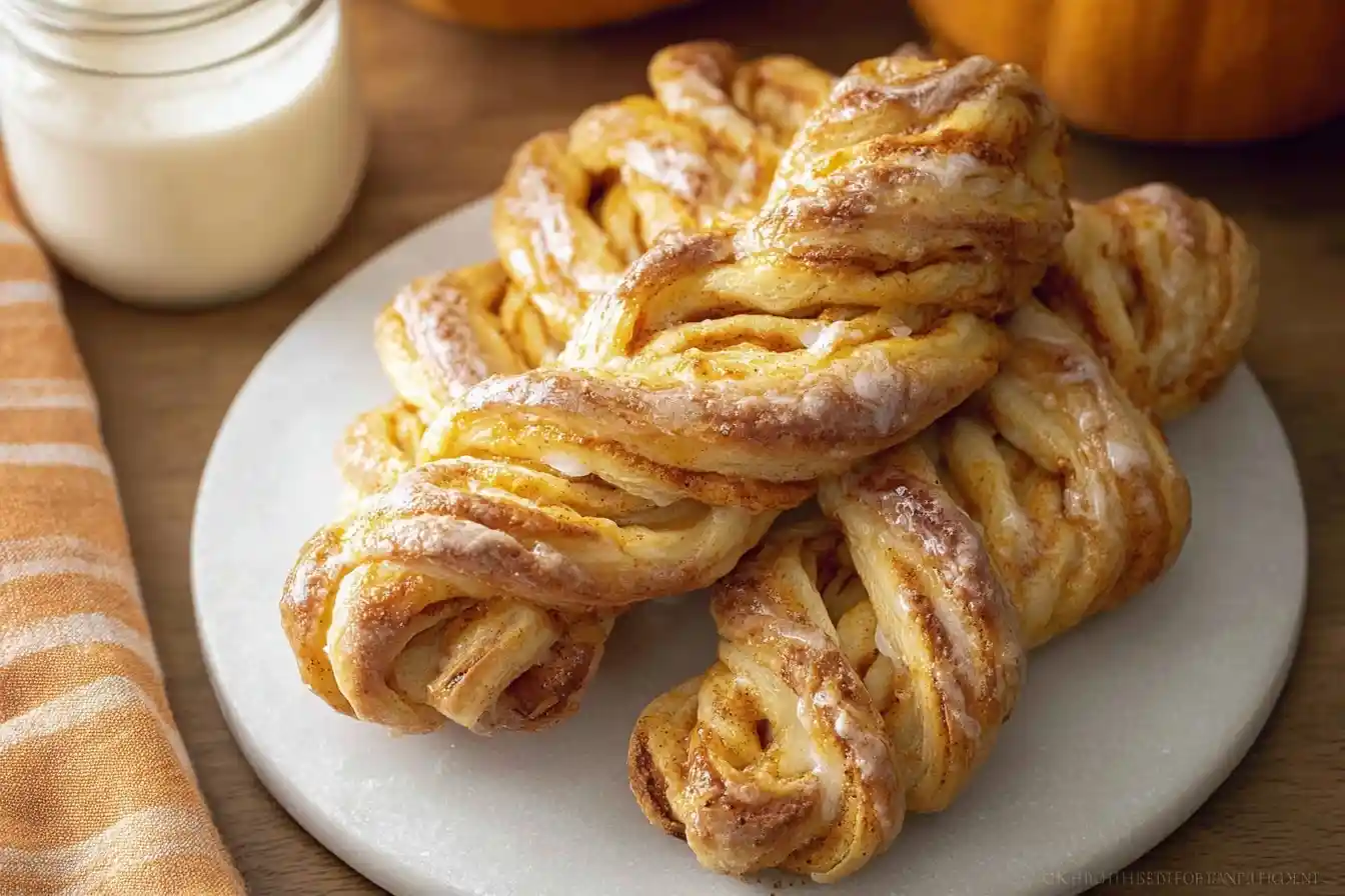 Stack of glazed Pumpkin Pie Twists on a marble plate with a pumpkin in the background.