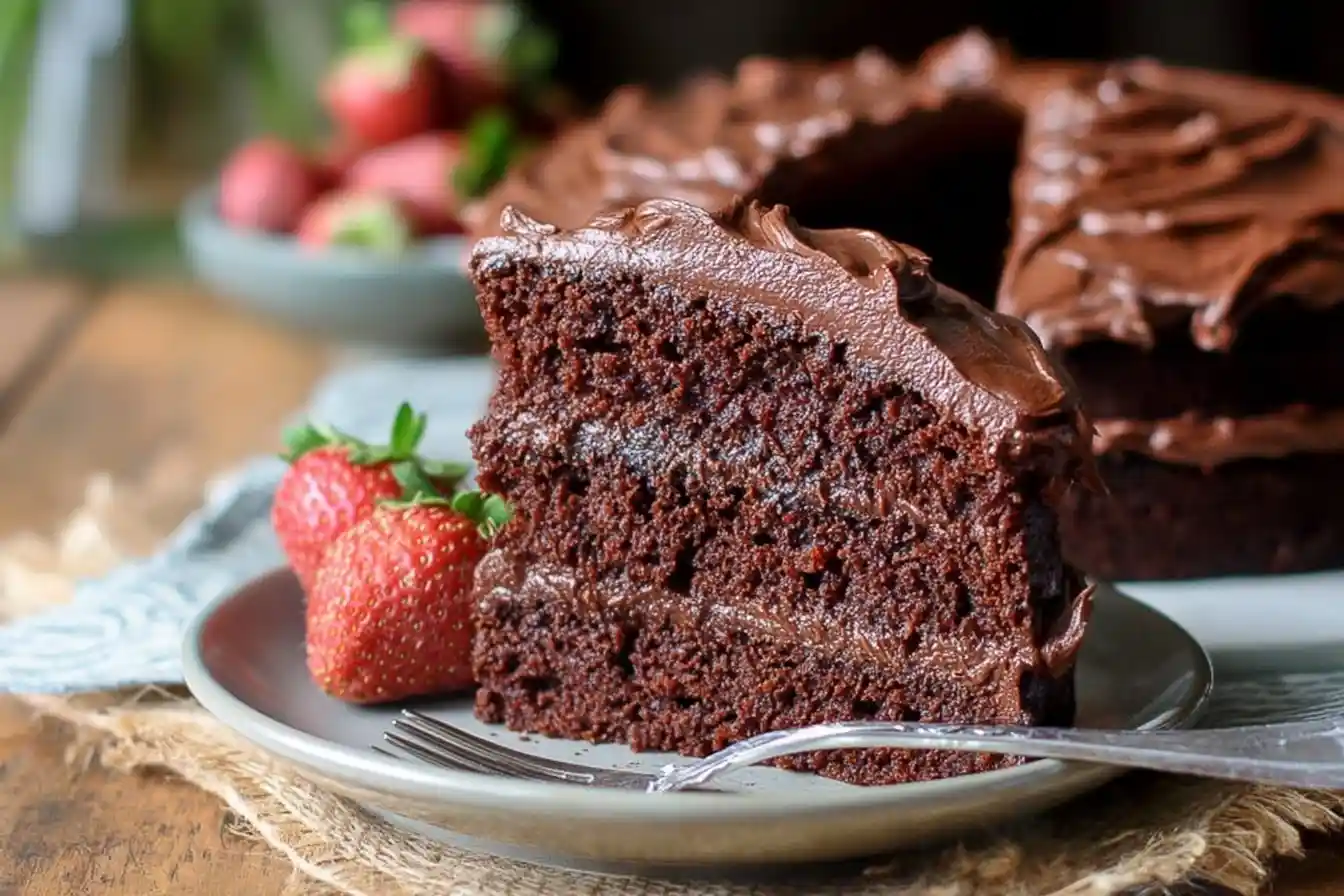 A rich, moist slice of chocolate fudge cake with thick frosting on a plate, garnished with fresh strawberries.