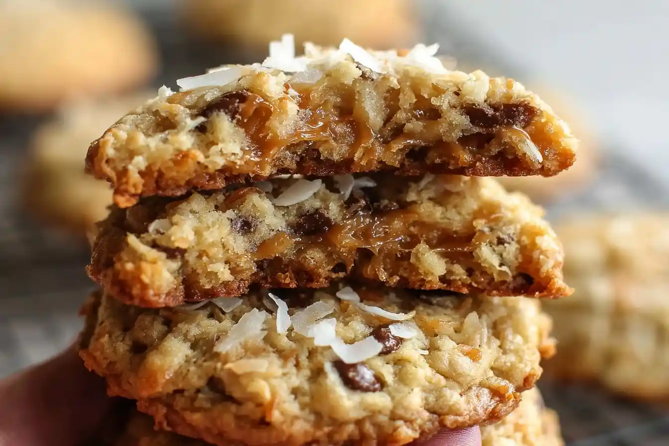Stack of three chewy Samoa cookies broken open to reveal gooey caramel, chocolate chips, and toasted coconut.