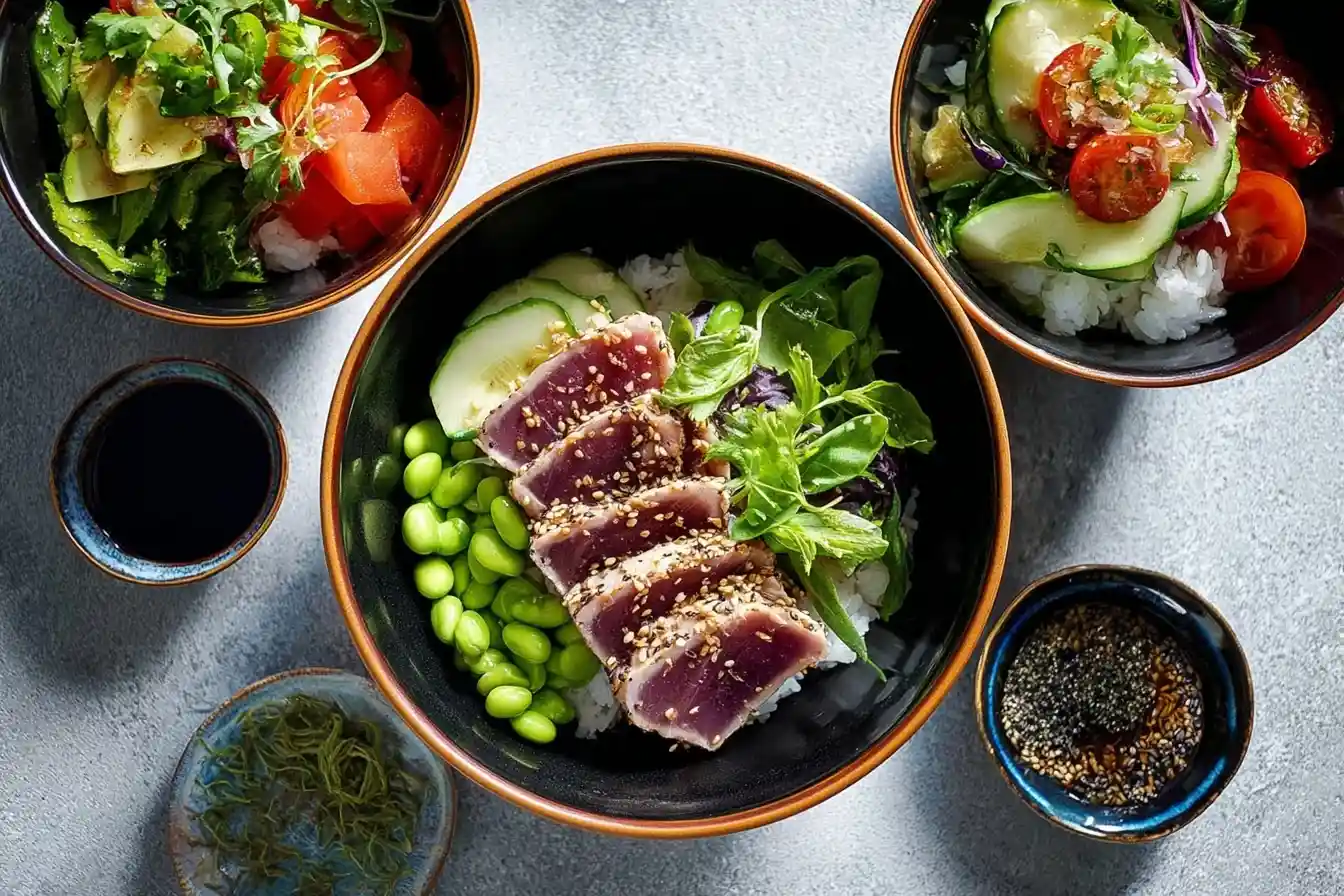 Overhead shot of a fresh Seared Tuna Poke Bowl with sesame-crusted tuna, edamame, and cucumber slices.