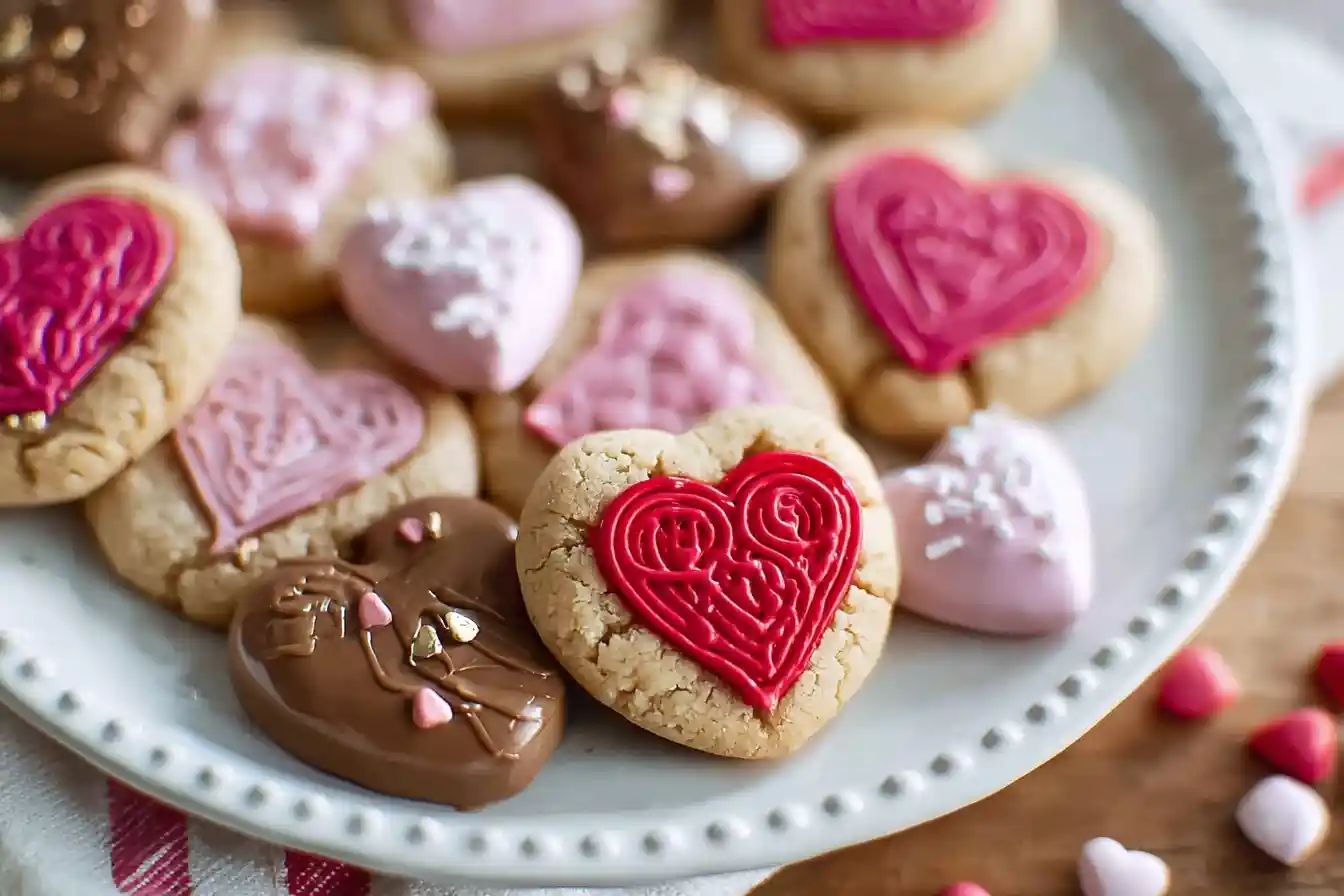 A white plate holding festive heart thumbprint cookies filled with red and pink icing.
