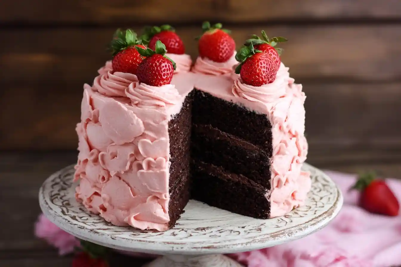 Sliced Chocolate Strawberry Cake with pink frosting and fresh berries on a rustic white stand.