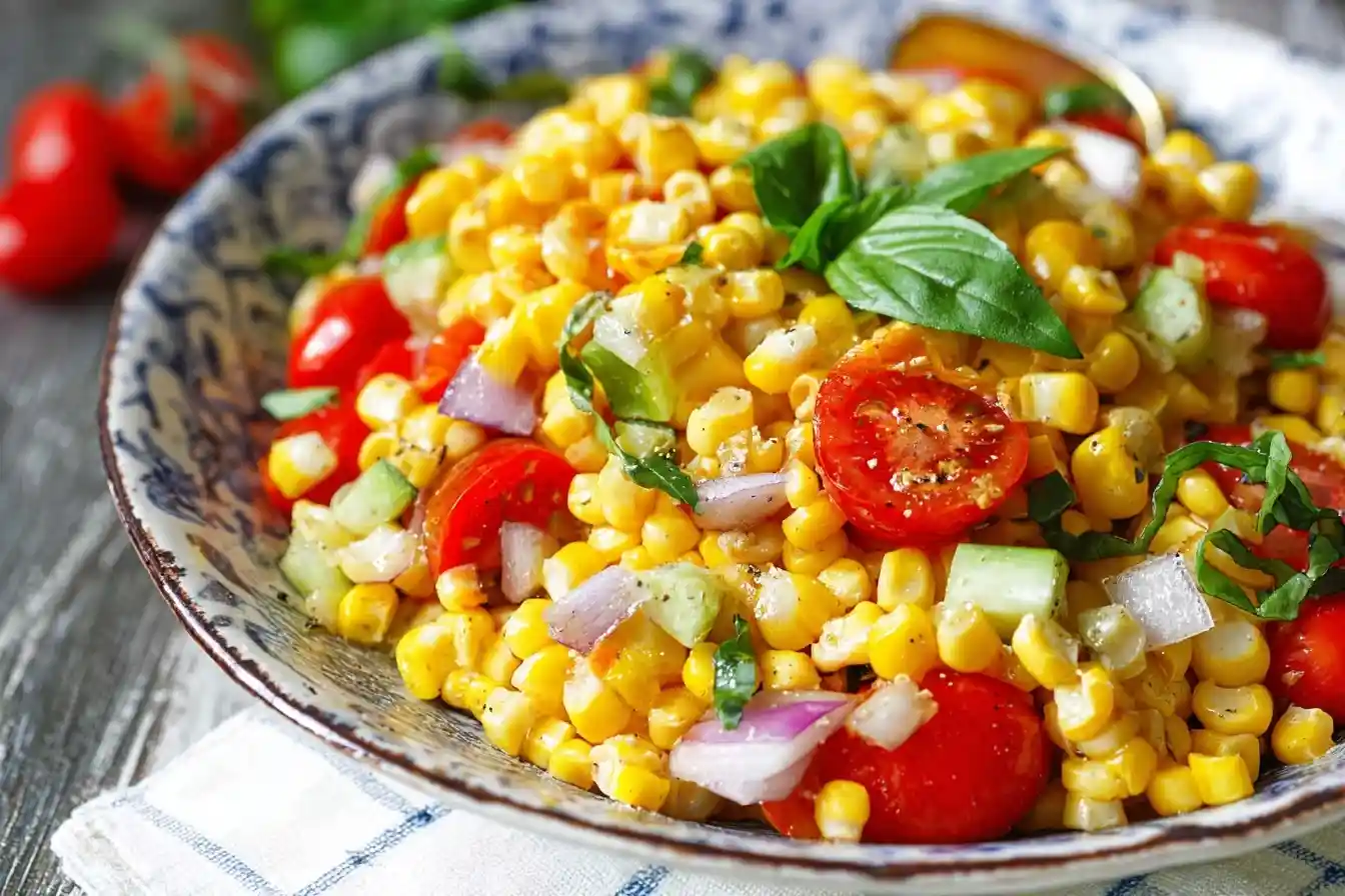 Close-up of a fresh corn salad with cherry tomatoes, red onion, cucumber, and basil in a decorative bowl.
