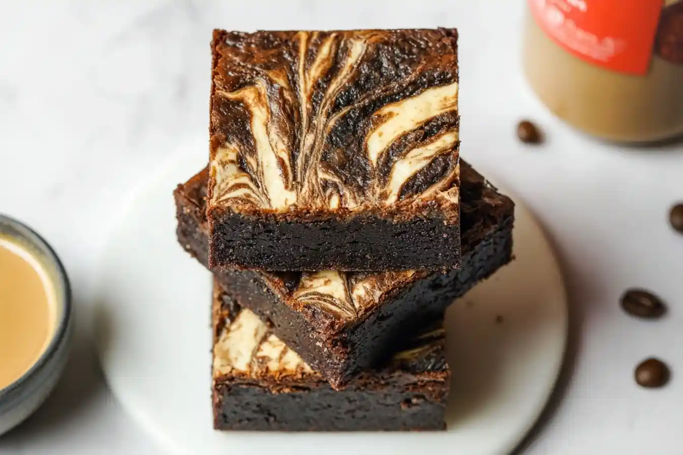 A stack of three fudgy coffee brownies with a beautiful marbled swirl on top, served on a white plate.