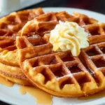 Golden brown Belgian waffles stacked on a white plate, topped with whipped cream, syrup, and powdered sugar.