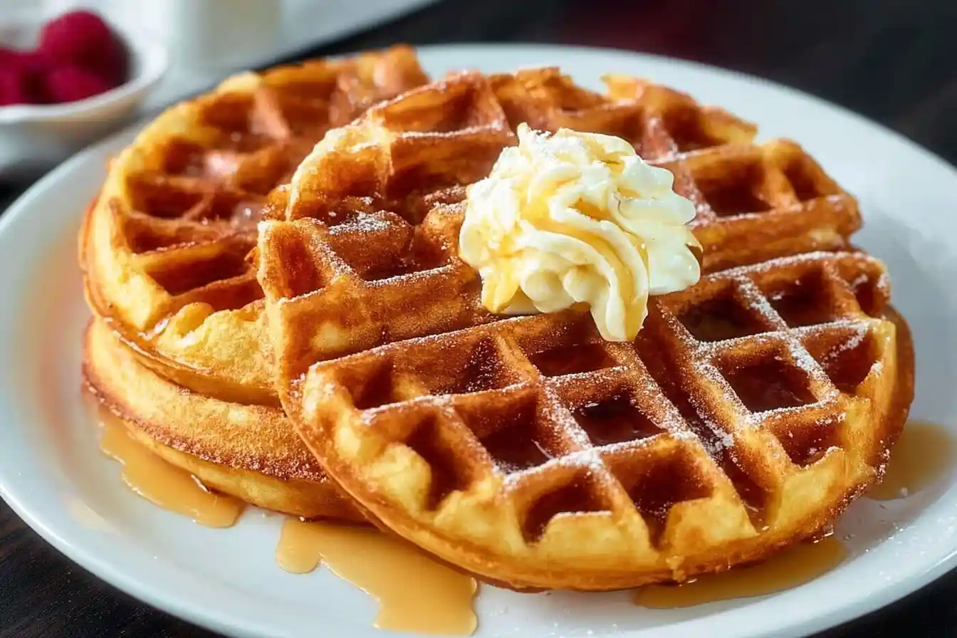 Golden brown Belgian waffles stacked on a white plate, topped with whipped cream, syrup, and powdered sugar.