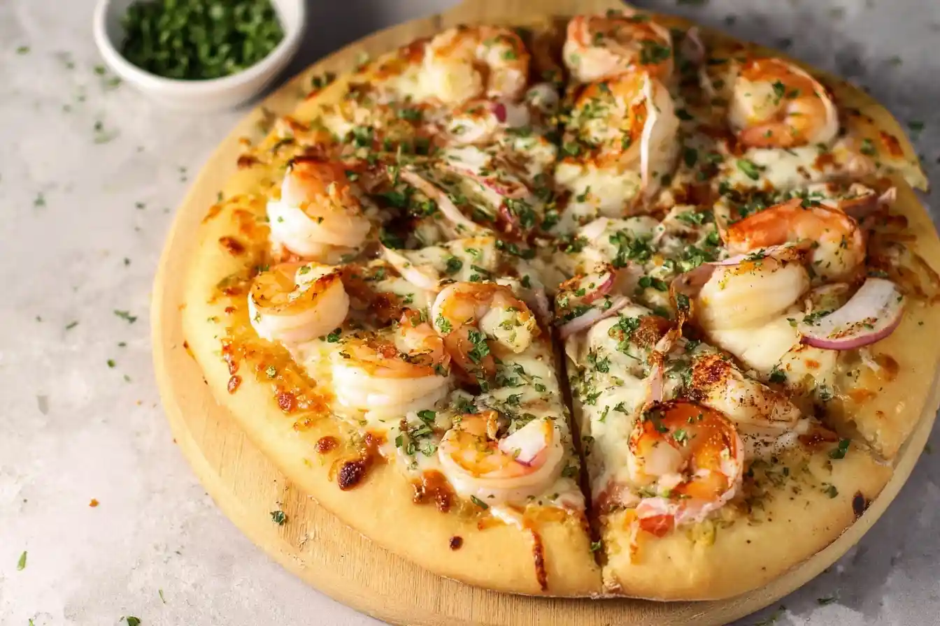 Delicious homemade shrimp pizza topped with melted cheese, red onions, and fresh parsley on a wooden board.