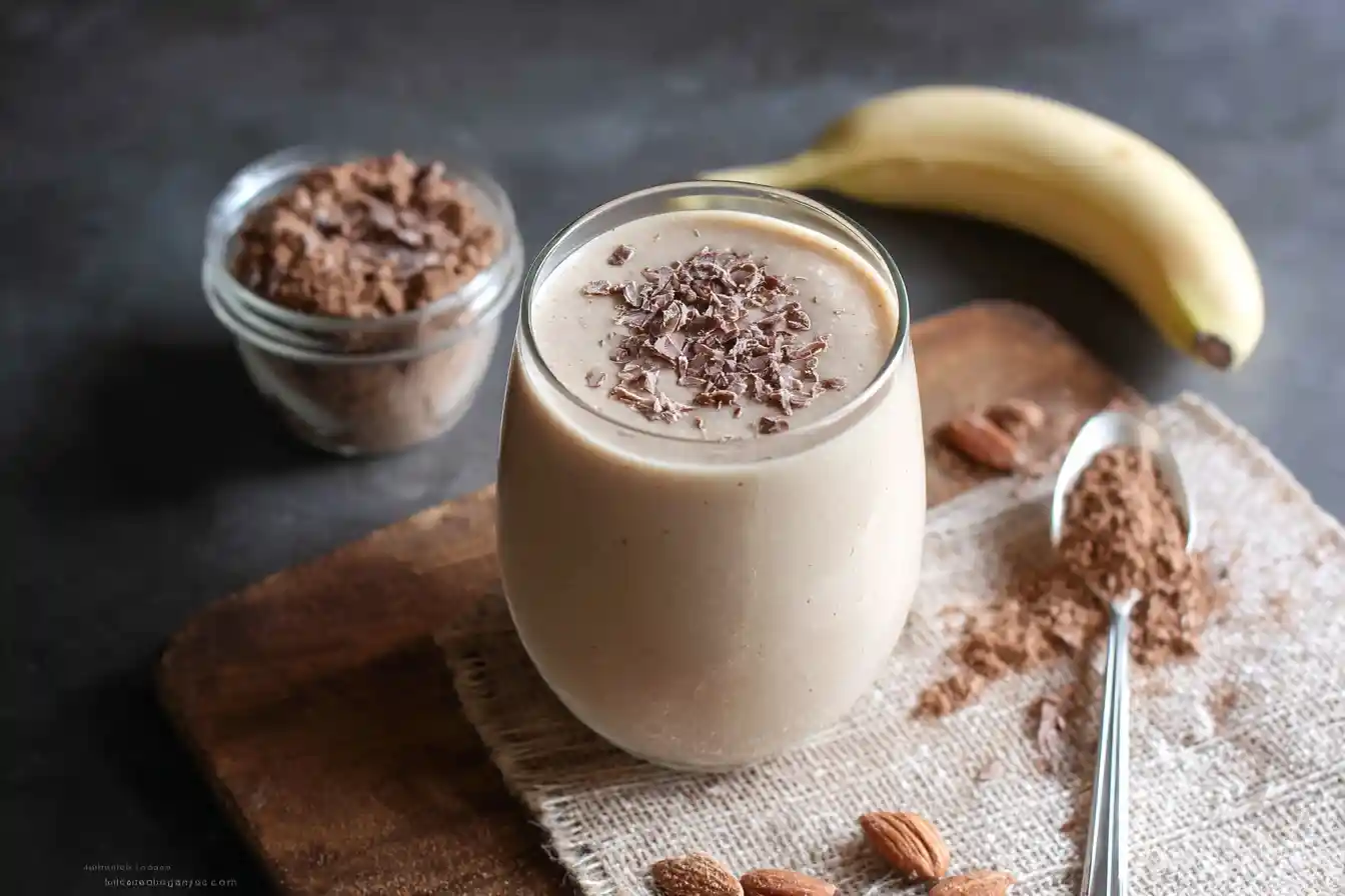 Glass of creamy chocolate banana smoothie topped with chocolate shavings on a wooden board with almonds