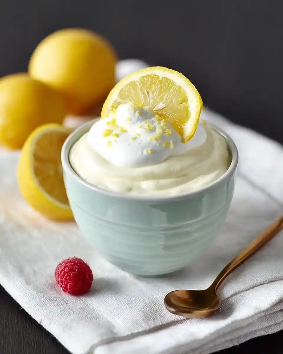 Creamy {{ $('Fetch Recipe Data').first().json["Main Keyword"] }} in a blue bowl, garnished with whipped cream and a lemon slice.