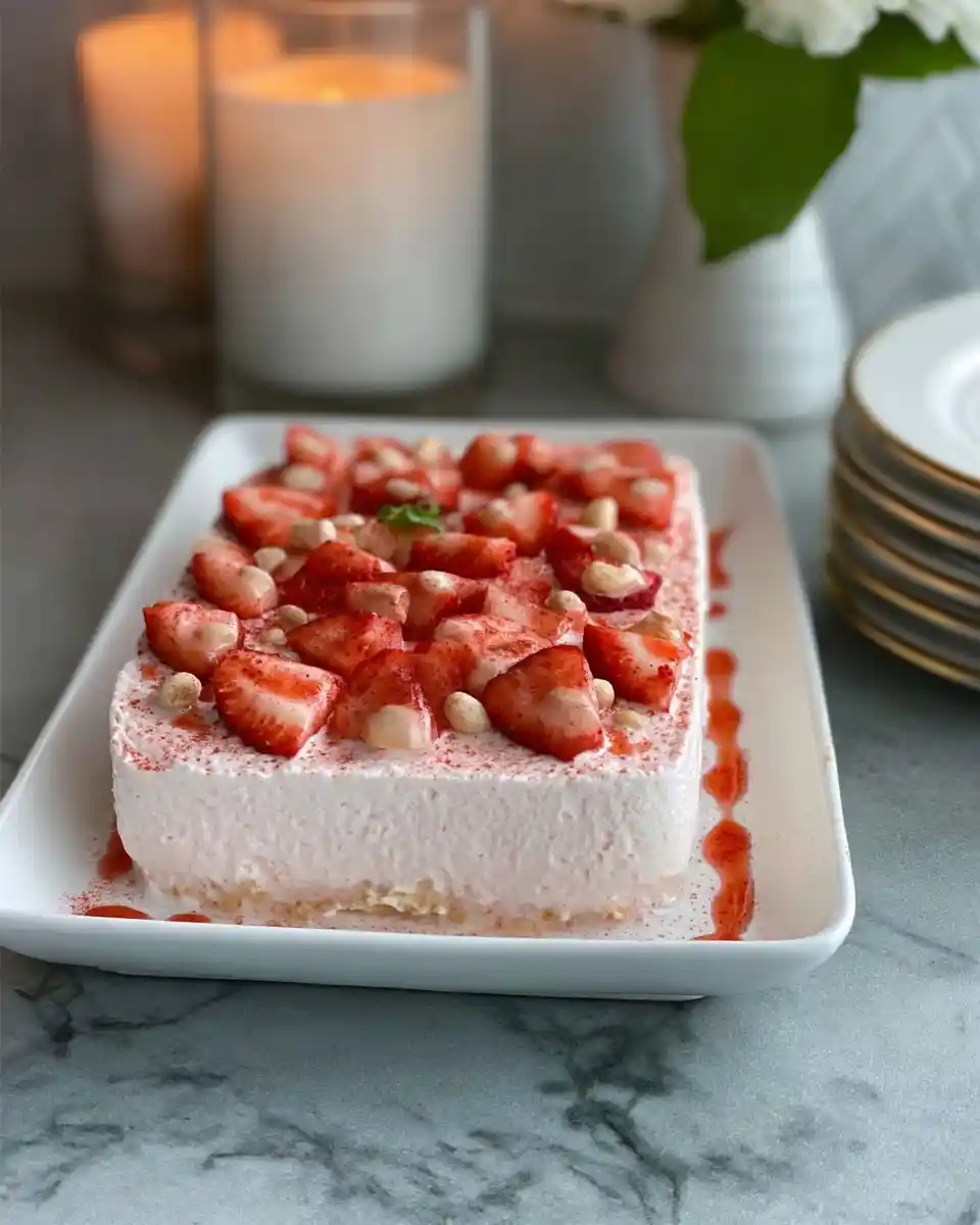 A creamy {{ $('Fetch Recipe Data').first().json["Main Keyword"] }} topped with fresh strawberries and nuts on a white plate.