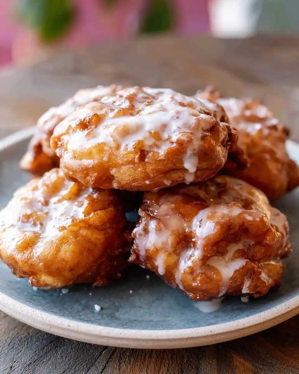 A close-up of freshly fried apple fritters covered in sweet white glaze, stacked on a plate.
