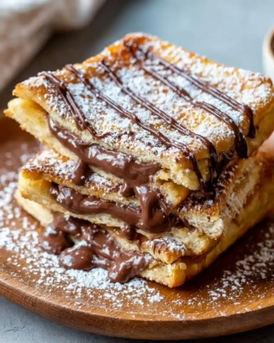 Stack of oozing {{ $('Fetch Recipe Data').first().json["Main Keyword"] }} with powdered sugar.