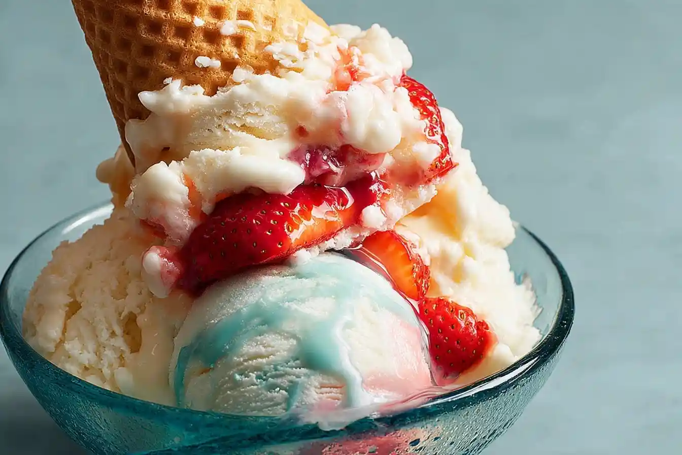 Close-up of a strawberry sundae featuring pastel ice cream, fresh berries, and an overturned waffle cone.