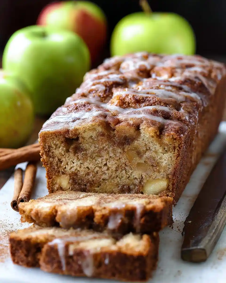 Sliced loaf of glazed apple bread with cinnamon swirls, fresh green apples, and cinnamon sticks.
