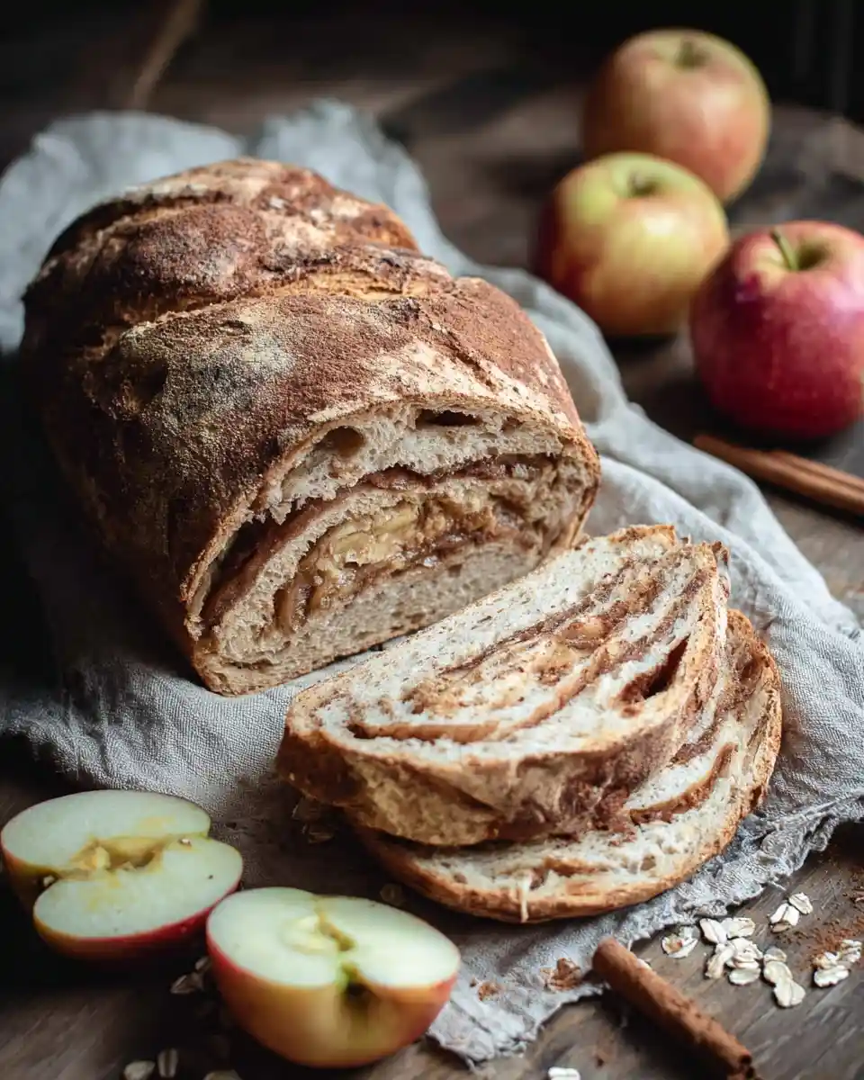 Sliced apple cinnamon swirl bread on a linen cloth, surrounded by fresh apples, oats, and cinnamon.