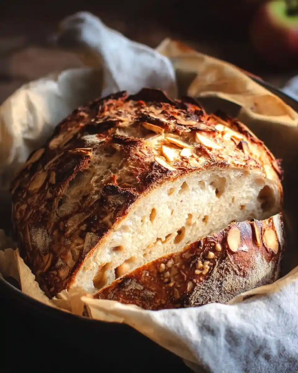 A loaf of sliced almond sourdough bread topped with nuts, sitting in a parchment-lined pot.