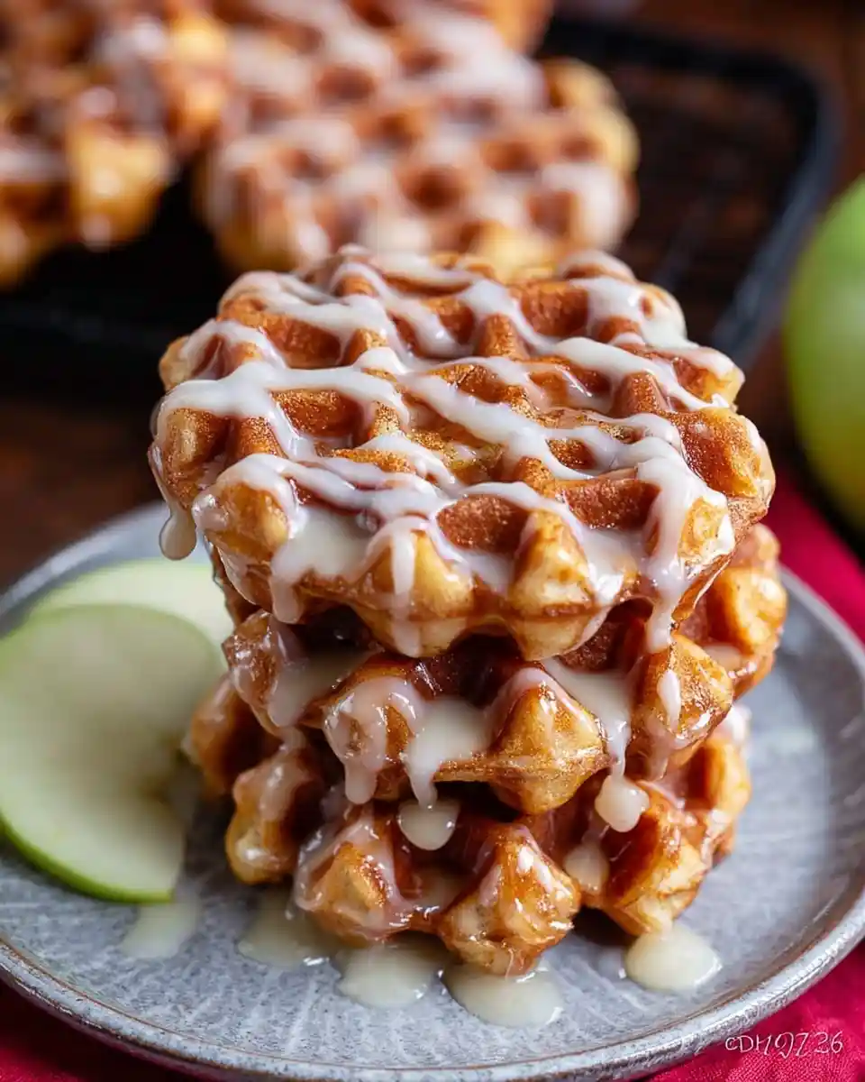 A stack of glazed {{ $('Fetch Recipe Data').first().json["Main Keyword"] }} served with fresh green apple slices.