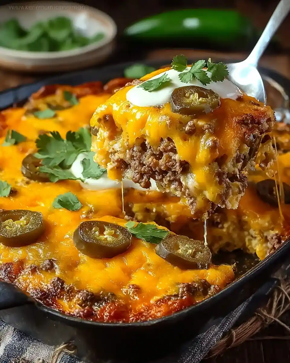 A spoonful of {{ $('Fetch Recipe Data').first().json["Main Keyword"] }} with beef, cheese and jalapeños.