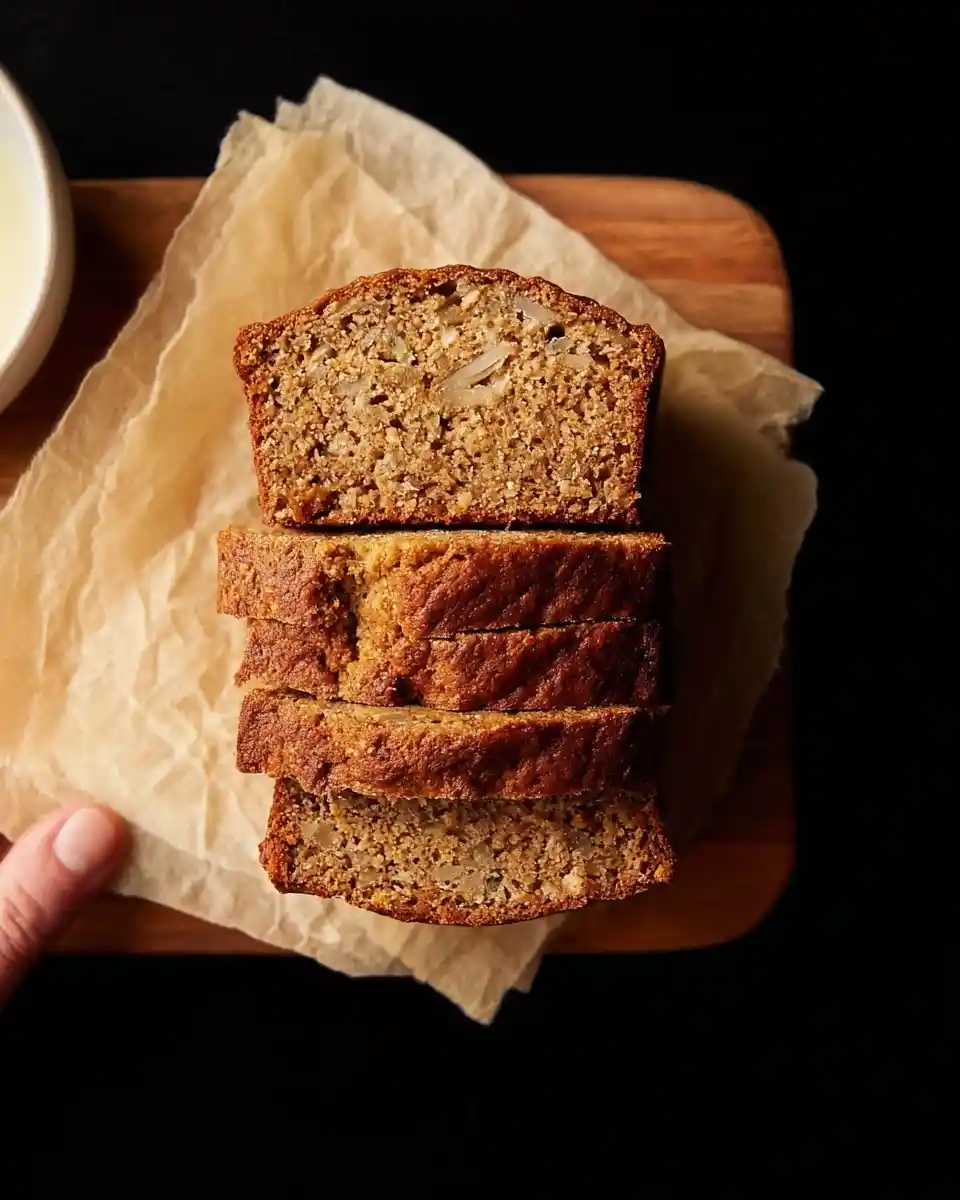 Top-down view of a sliced, moist {{ $('Fetch Recipe Data').first().json["Main Keyword"] }} on parchment paper and a wooden cutting board.