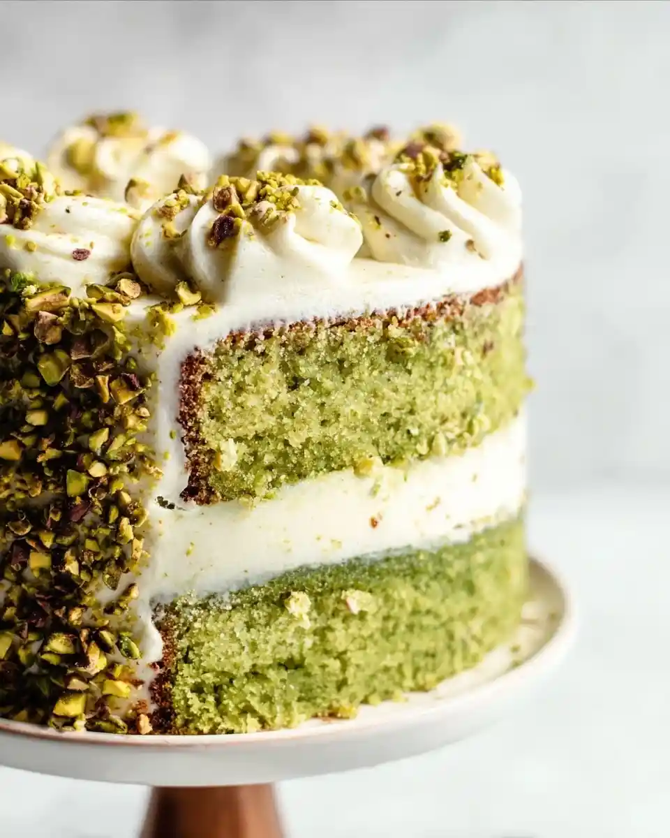 Close-up of a sliced, layered pistachio cake with creamy white frosting and chopped nuts on a stand.