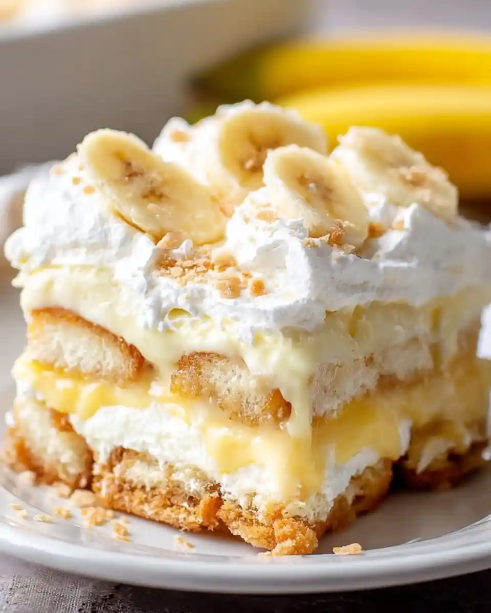 Close-up slice of {{ $('Fetch Recipe Data').first().json["Main Keyword"] }} topped with bananas and cream.