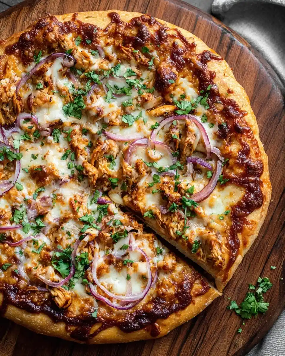 A freshly baked BBQ chicken pizza topped with red onions, melted cheese, and fresh cilantro on a wooden board.