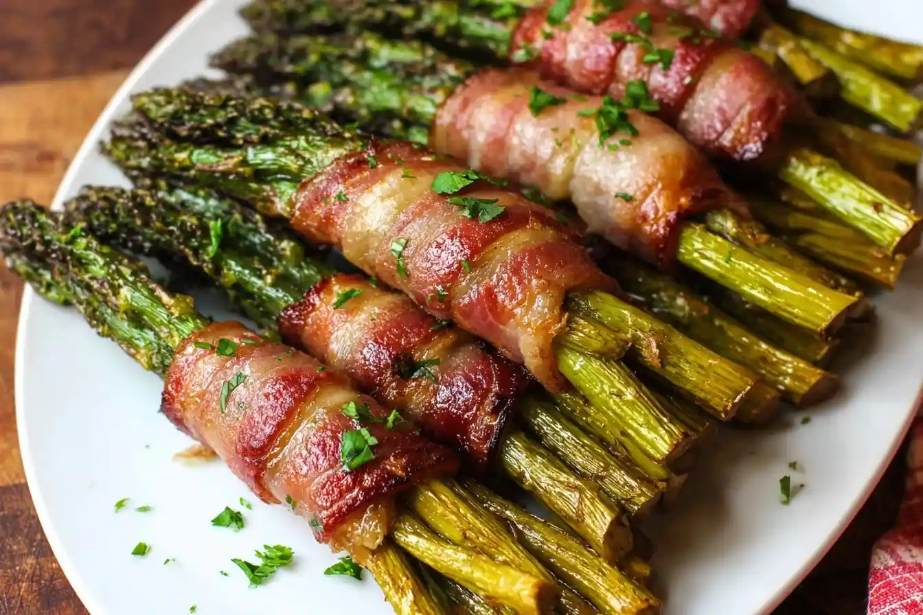Roasted bacon wrapped asparagus bundles arranged on a white plate and garnished with parsley.