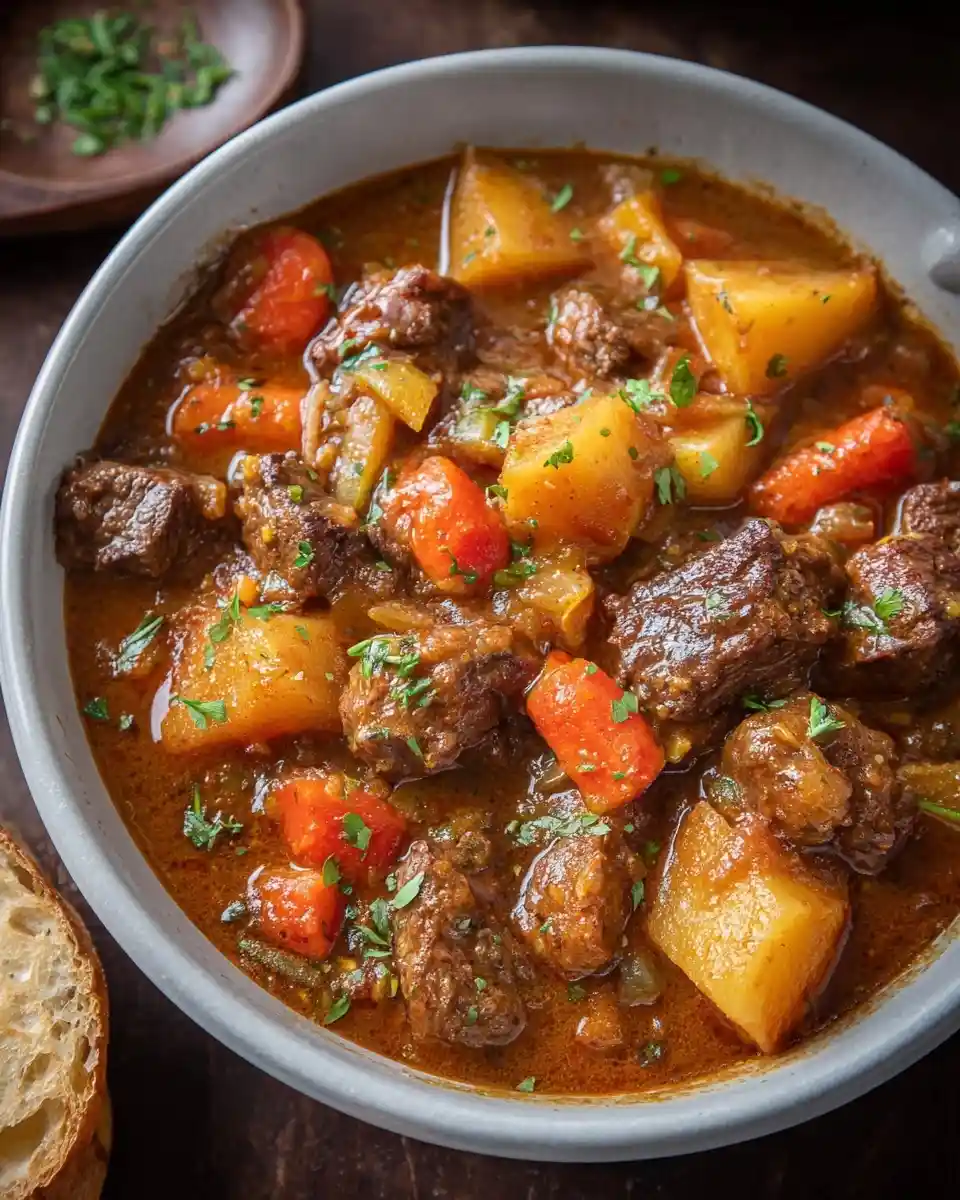 Close-up of a warm bowl of {{ $('Fetch Recipe Data').first().json["Main Keyword"] }} featuring tender meat, potatoes, and carrots.