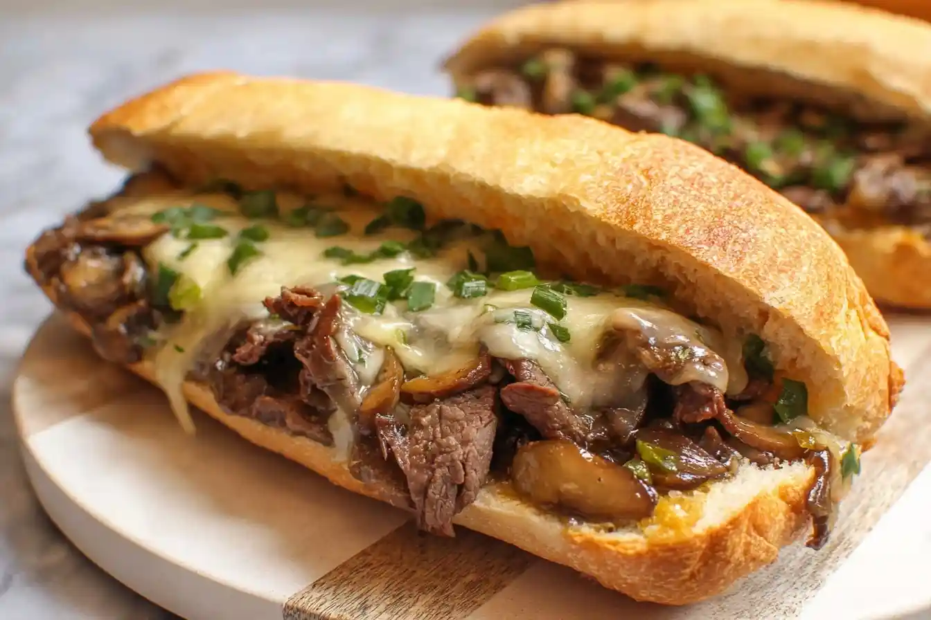 Close-up of a loaded {{ $('Fetch Recipe Data').first().json["Main Keyword"] }} with steak, melted cheese, and mushrooms.