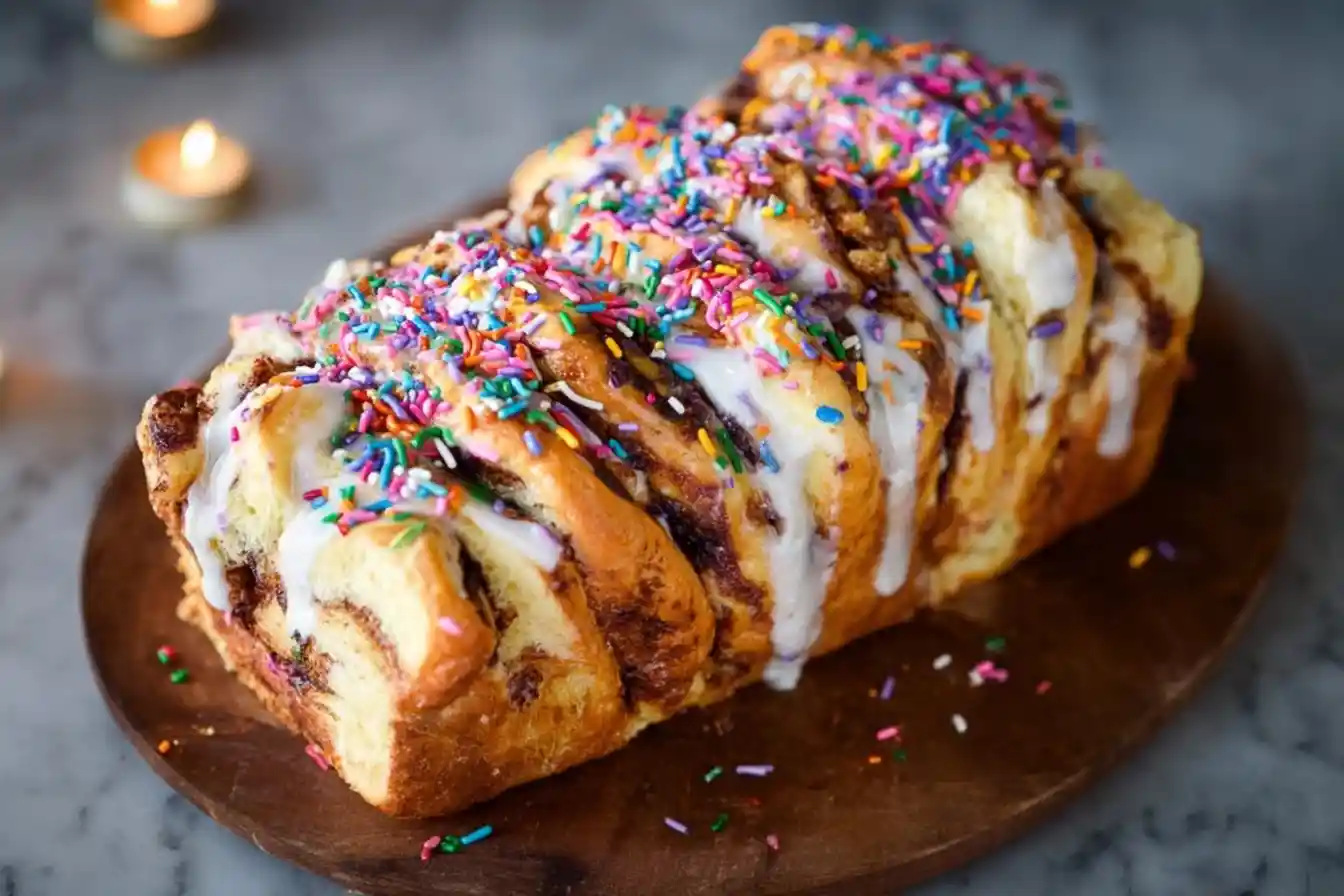 Golden brown pull-apart bread topped with white glaze and colorful sprinkles on a wooden plate.