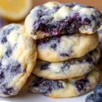 A stack of soft baked blueberry cookies with white chocolate chips, one bitten to show a jammy center.