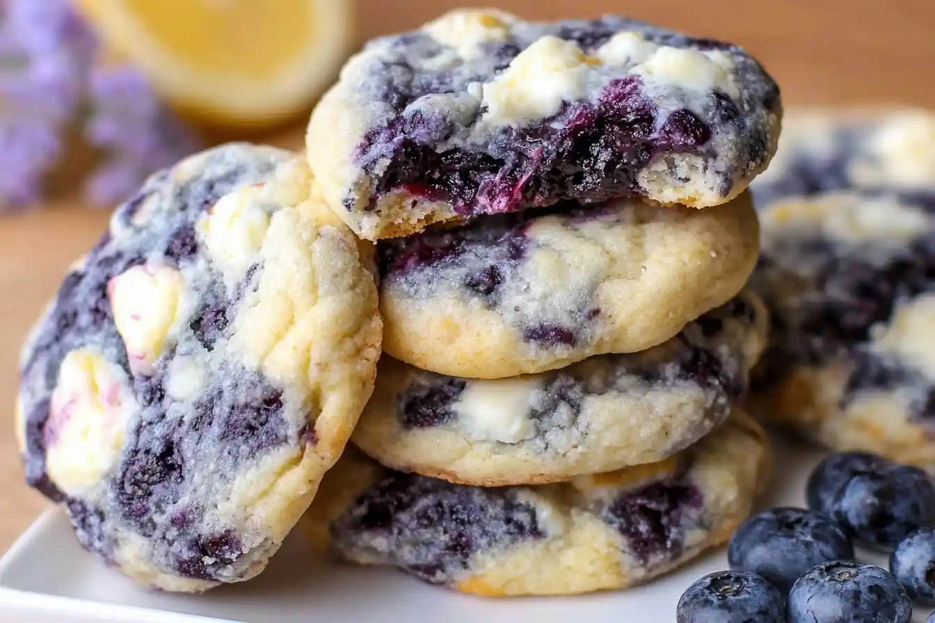 A stack of soft baked blueberry cookies with white chocolate chips, one bitten to show a jammy center.