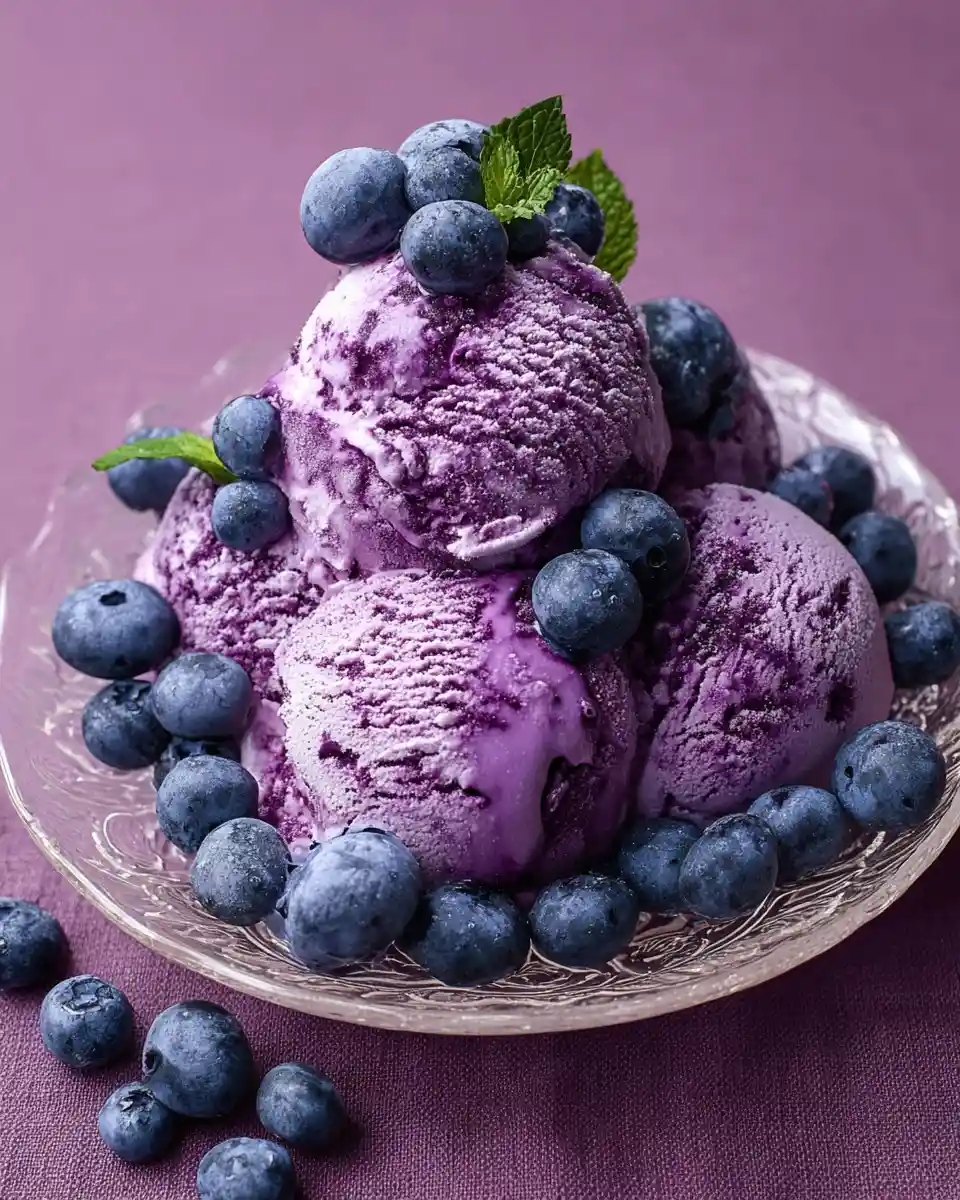 Scoops of {{ $('Fetch Recipe Data').first().json["Main Keyword"] }} in a glass bowl with fresh blueberries and mint.