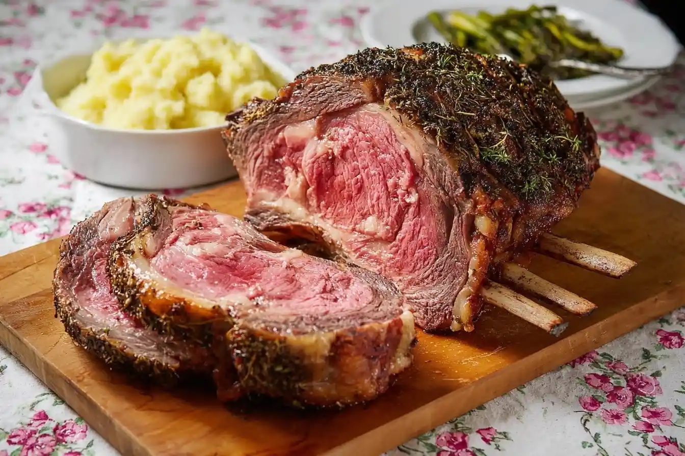 Perfectly sliced medium-rare prime rib roast on a wooden cutting board with mashed potatoes and asparagus.