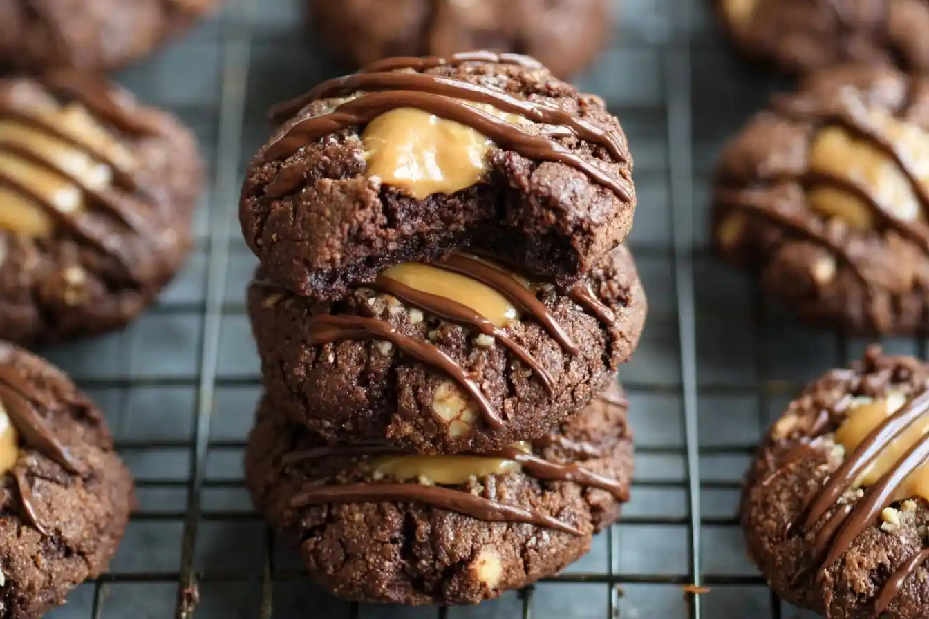 A stack of three {{ $('Fetch Recipe Data').first().json["Main Keyword"] }} drizzled with melted chocolate on a cooling rack.