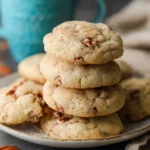 A tall stack of soft butter pecan cookies on a plate with scattered pecans and a blue mug.