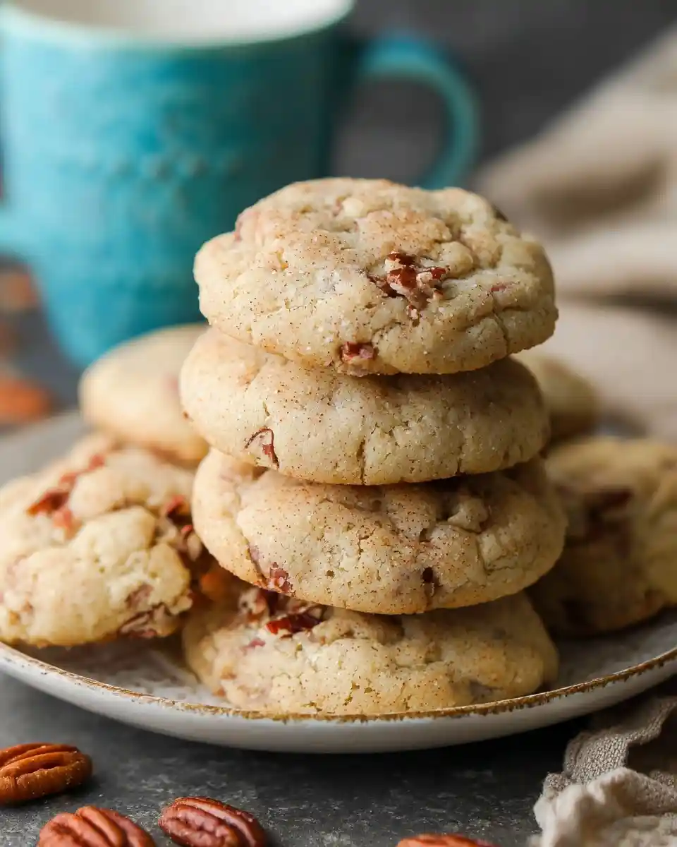 A tall stack of soft butter pecan cookies on a plate with scattered pecans and a blue mug.