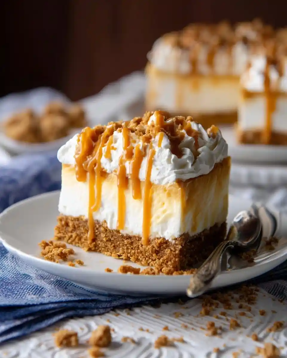 A decadent slice of caramel layered dessert with a graham crust, creamy filling, whipped cream, and drizzle.