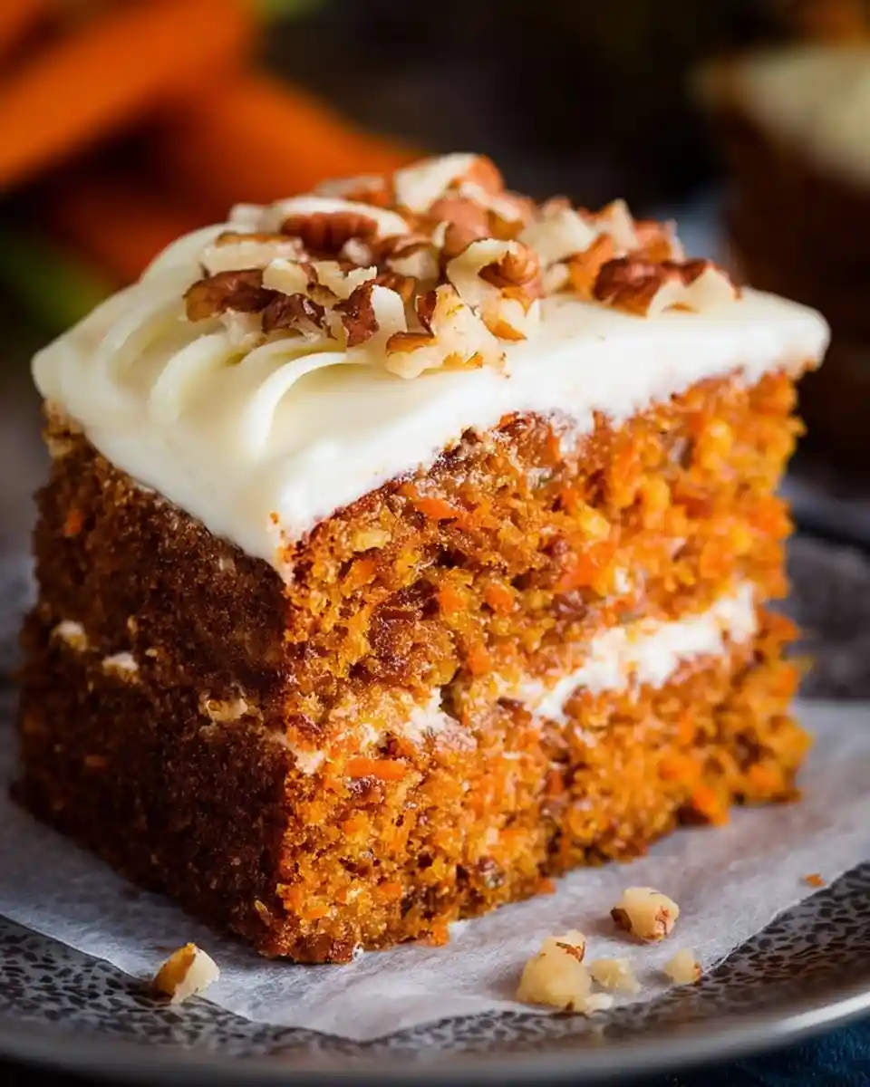 A slice of moist carrot cake layered with cream cheese frosting and topped with chopped pecans.