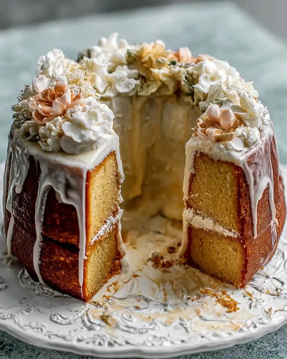 A sliced {{ $('Fetch Recipe Data').first().json["Main Keyword"] }} with white drip icing, cream filling, and floral topping.