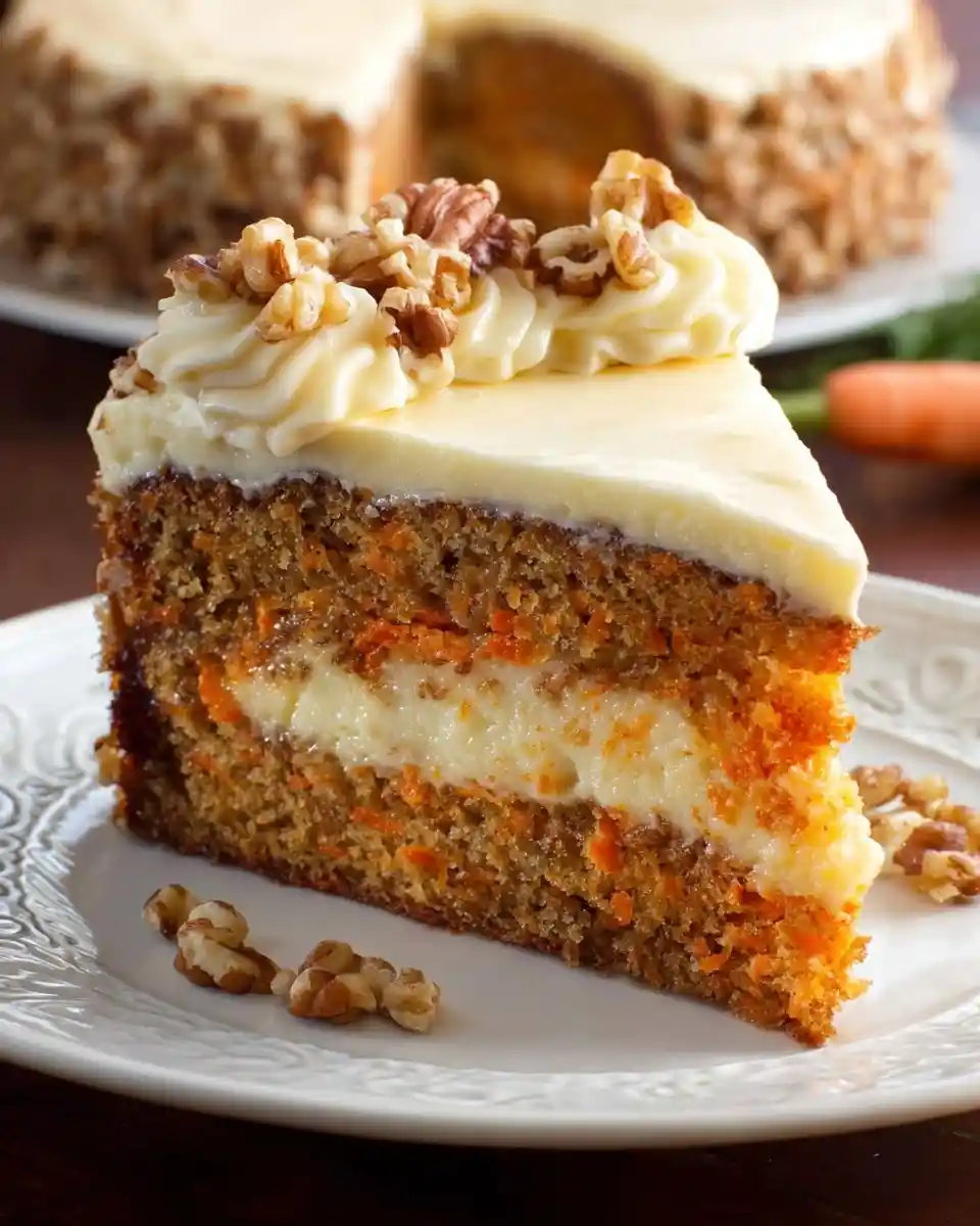 A delicious layered slice of {{ $('Fetch Recipe Data').first().json["Main Keyword"] }} with cream cheese frosting and walnuts.