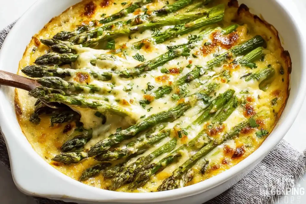 A wooden spoon lifts a gooey serving of cheesy asparagus casserole from a white baking dish.