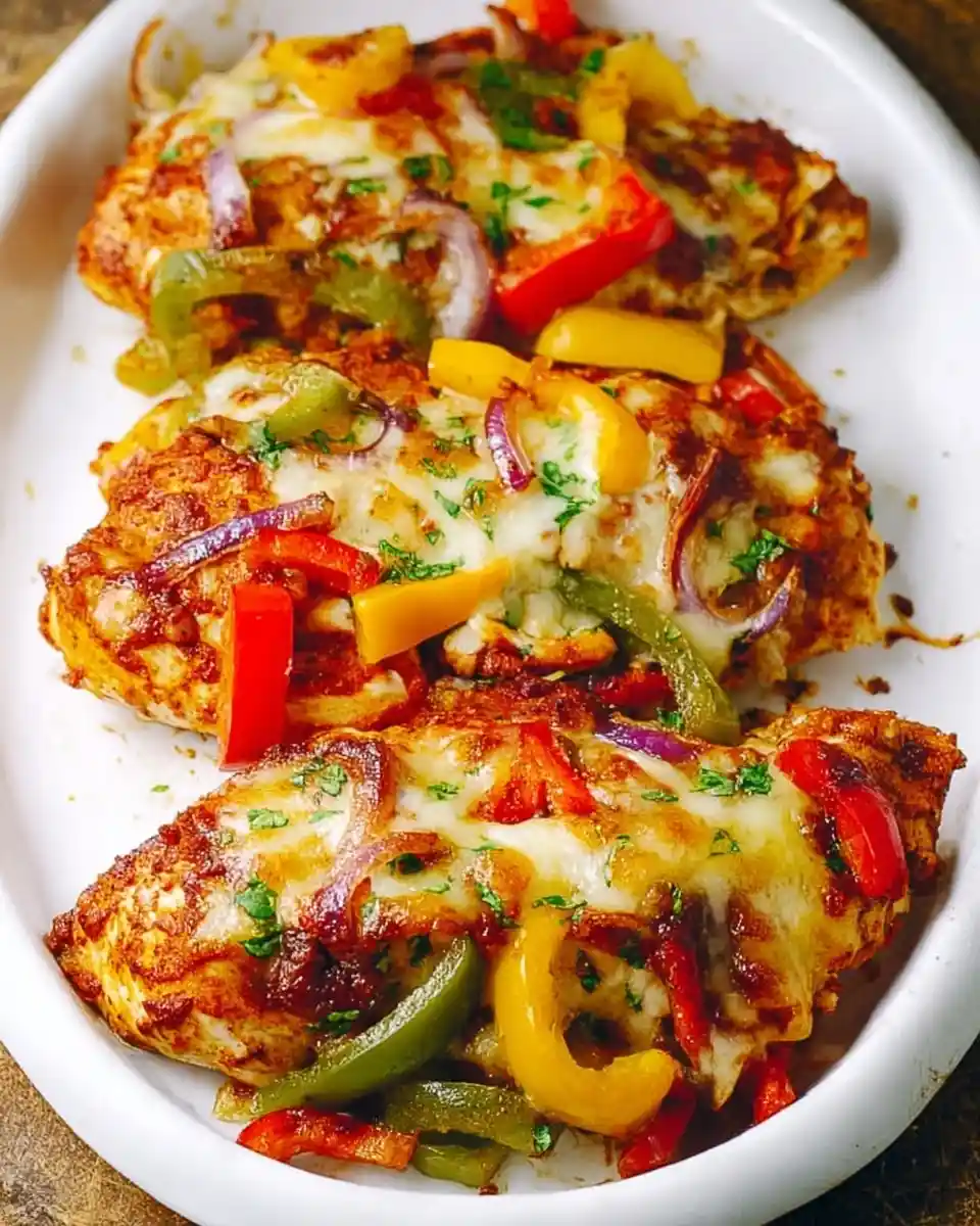 White dish featuring {{ $('Fetch Recipe Data').first().json["Main Keyword"] }} topped with melted cheese and bell peppers.