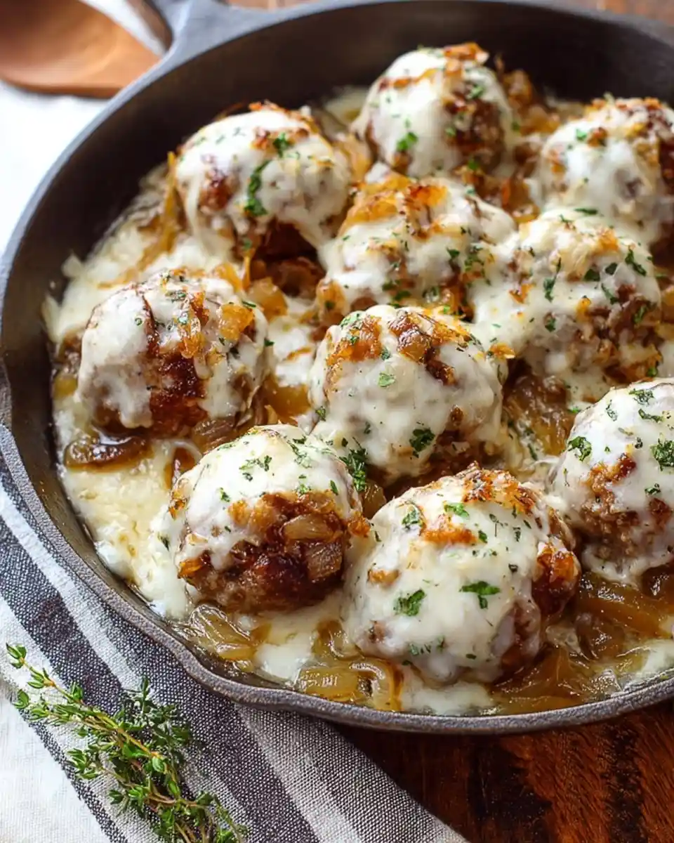 A cast iron skillet filled with cheesy French onion meatballs topped with caramelized onions and fresh parsley.