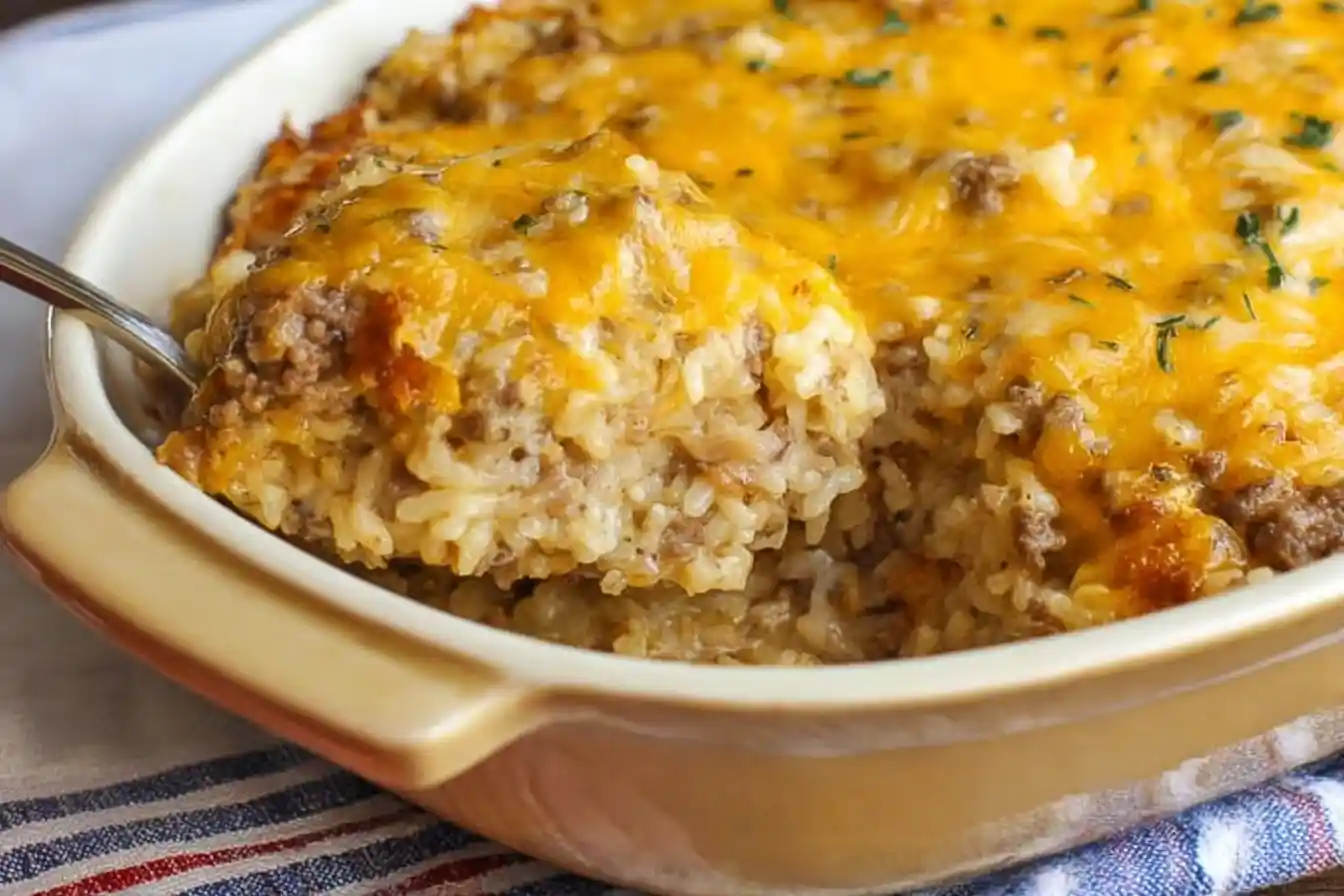 Spoon lifting a scoop of cheesy ground beef and rice casserole from a baking dish