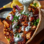 Creamy tzatziki sauce pouring over delicious {{ $('Fetch Recipe Data').first().json["Main Keyword"] }}.