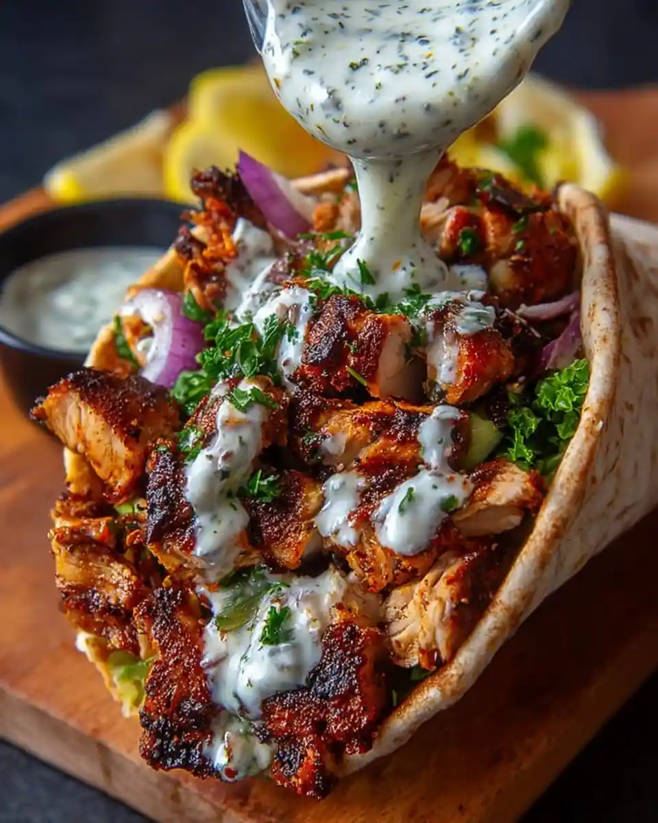 Creamy tzatziki sauce pouring over delicious {{ $('Fetch Recipe Data').first().json["Main Keyword"] }}.