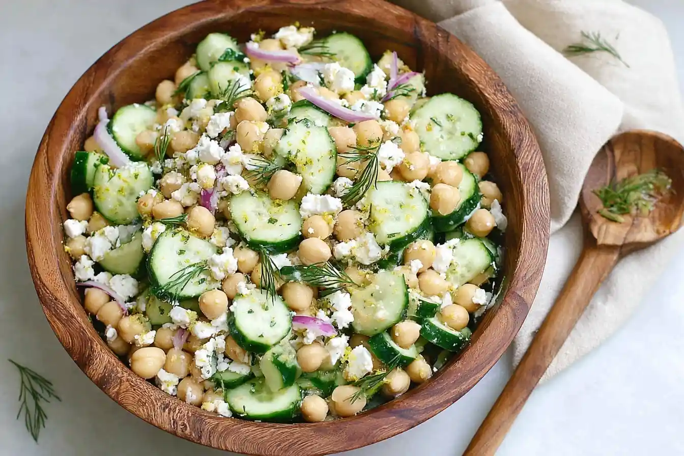 Overhead view of a fresh Chickpea Salad with cucumbers, feta cheese, red onion, and dill in a wooden bowl.
